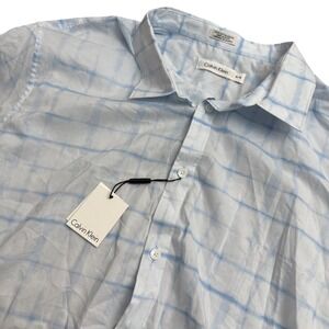 Calvin Klein Mens XL Short Sleeve Button Down Shirt Blue White Tie Dye Grid New